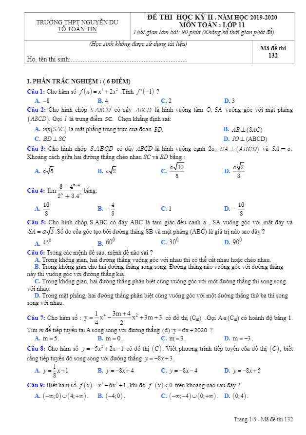 Đề thi học kì 2 (HK2) lớp 11 môn Toán năm 2019 2020 trường THPT Nguyễn Du Lâm Đồng