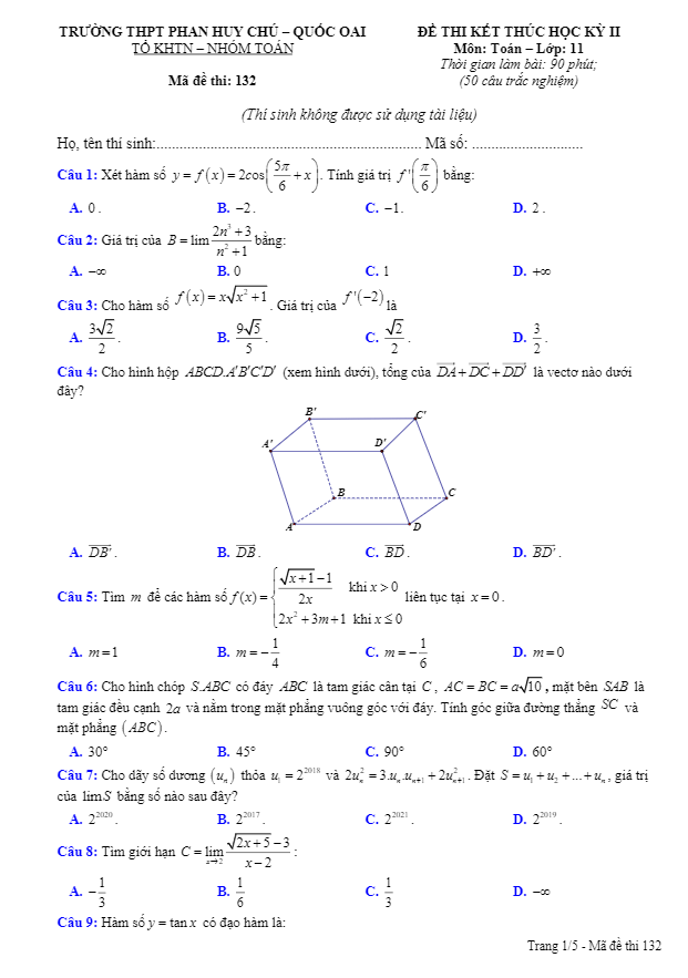 Đề thi học kì 2 (HK2) lớp 11 môn Toán năm 2019 2020 trường THPT Phan Huy Chú Hà Nội