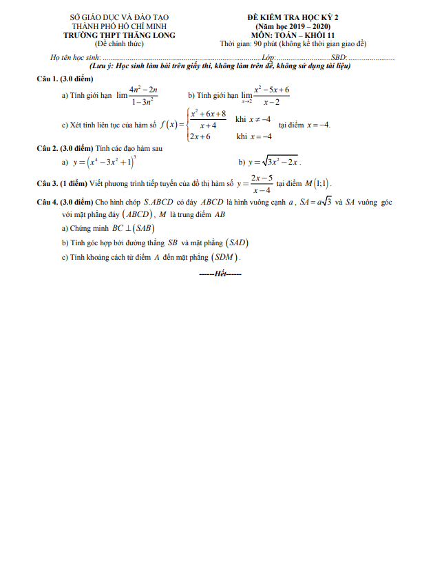 Đề thi học kì 2 (HK2) lớp 11 môn Toán năm 2019 2020 trường THPT Thăng Long TP HCM