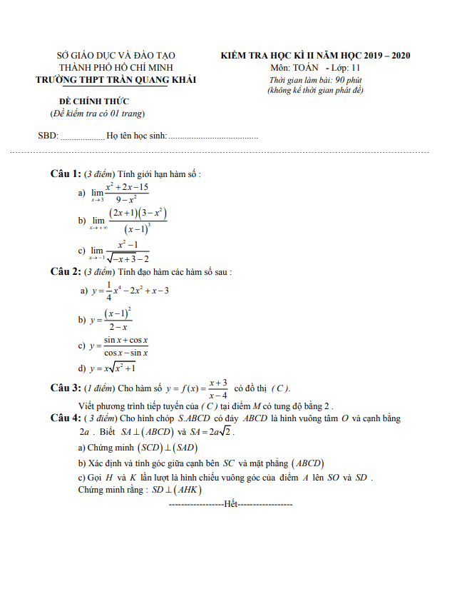 Đề thi học kì 2 (HK2) lớp 11 môn Toán năm 2019 2020 trường THPT Trần Quang Khải TP HCM