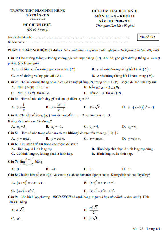 Đề thi học kì 2 (HK2) lớp 11 môn Toán năm 2020 2021 trường THPT Phan Đình Phùng Hà Nội