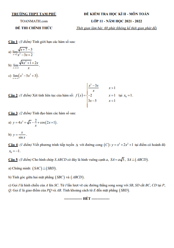 Đề thi học kì 2 (HK2) lớp 11 môn Toán năm 2021 2022 trường THPT Tam Phú TP HCM