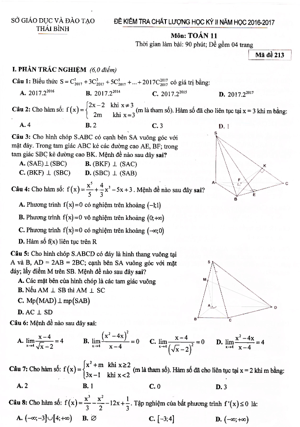 Đề thi học kì 2 (HK2) lớp 11 môn Toán năm học 2016 2017 sở GD và ĐT Thái Bình