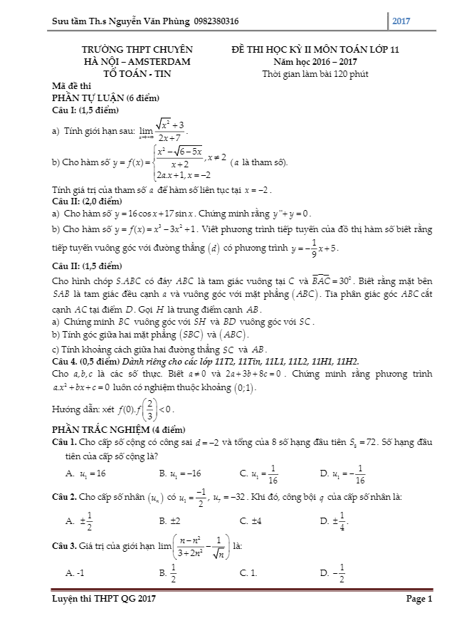 Đề thi học kì 2 (HK2) lớp 11 môn Toán năm học 2016 2017 trường THPT chuyên Hà Nội Amsterdam