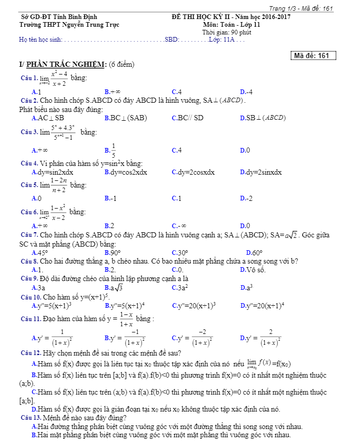 Đề thi học kì 2 (HK2) lớp 11 môn Toán năm học 2016 2017 trường THPT Nguyễn Trung Trực Bình Định