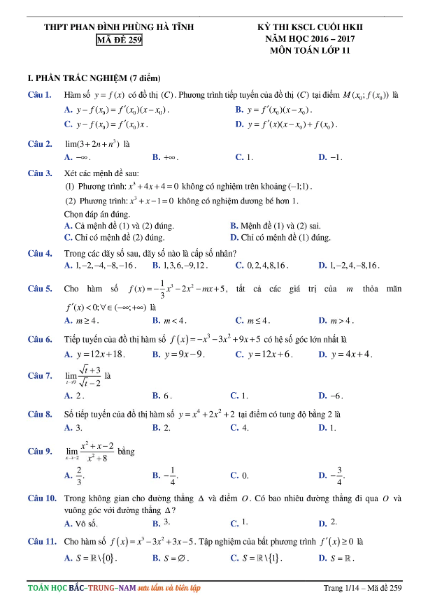Đề thi học kì 2 (HK2) lớp 11 môn Toán năm học 2016 2017 trường THPT Phan Đình Phùng Hà Tĩnh