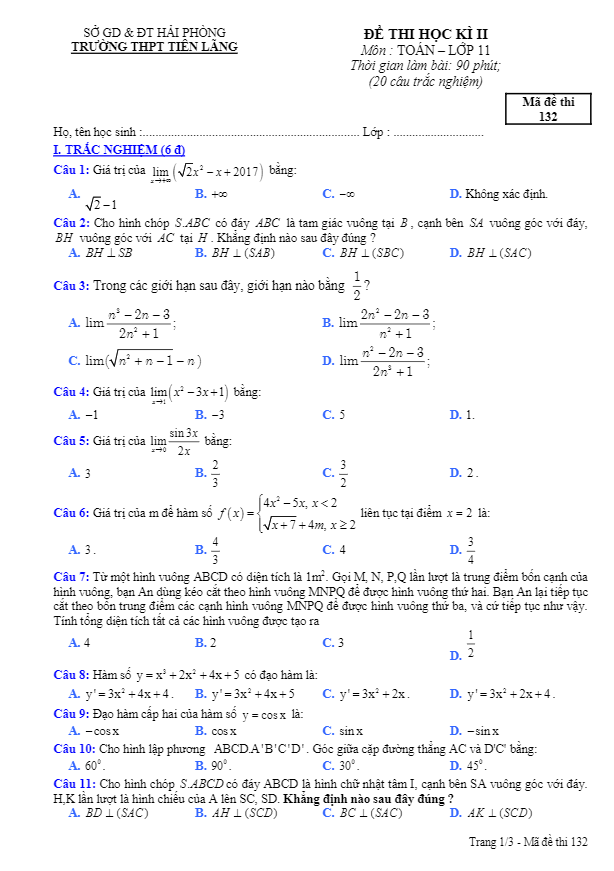 Đề thi học kì 2 (HK2) lớp 11 môn Toán năm học 2016 2017 trường THPT Tiên Lãng Hải Phòng