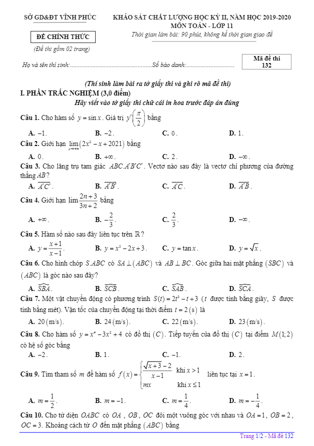 Đề thi học kì 2 (HK2) lớp 11 môn Toán năm học 2019 2020 sở GD ĐT Vĩnh Phúc