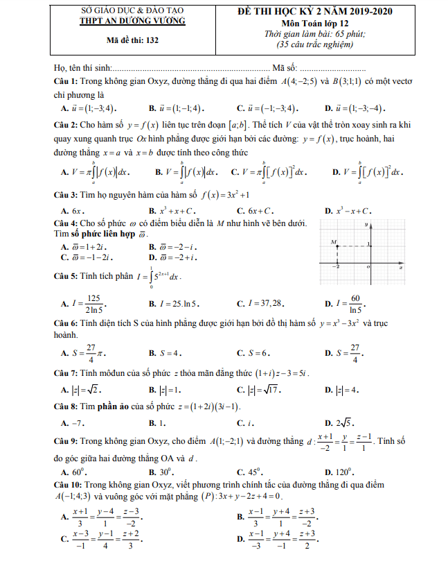 Đề thi học kì 2 (HK2) lớp 12 môn Toán năm 2019 2020 trường THPT An Dương Vương TP HCM