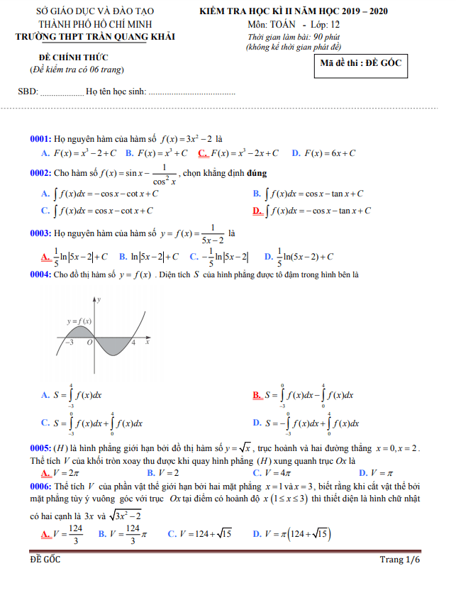 Đề thi học kì 2 (HK2) lớp 12 môn Toán năm 2019 2020 trường THPT Trần Quang Khải TP HCM