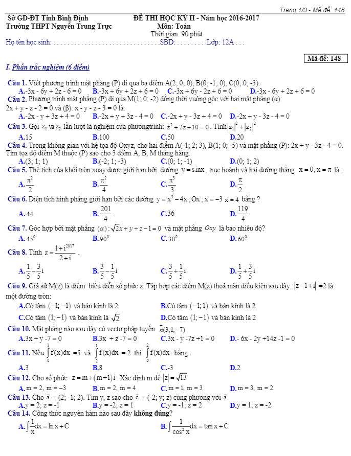 Đề thi học kì 2 (HK2) lớp 12 môn Toán năm học 2016 2017 trường THPT Nguyễn Trung Trực Bình Định