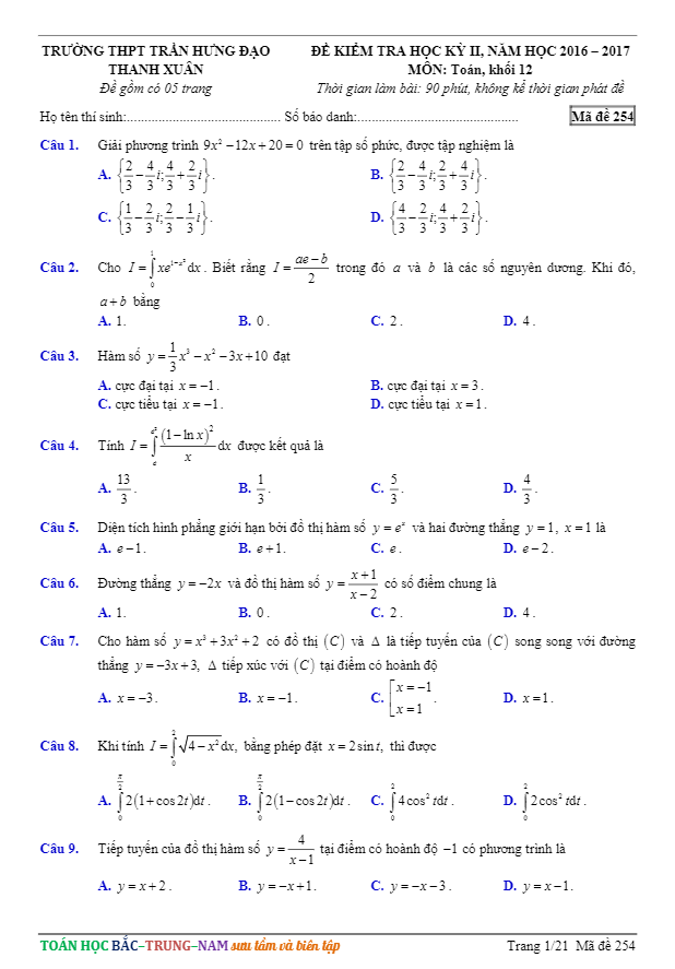 Đề thi học kì 2 (HK2) lớp 12 môn Toán năm học 2016 2017 trường THPT Trần Hưng Đạo Hà Nội