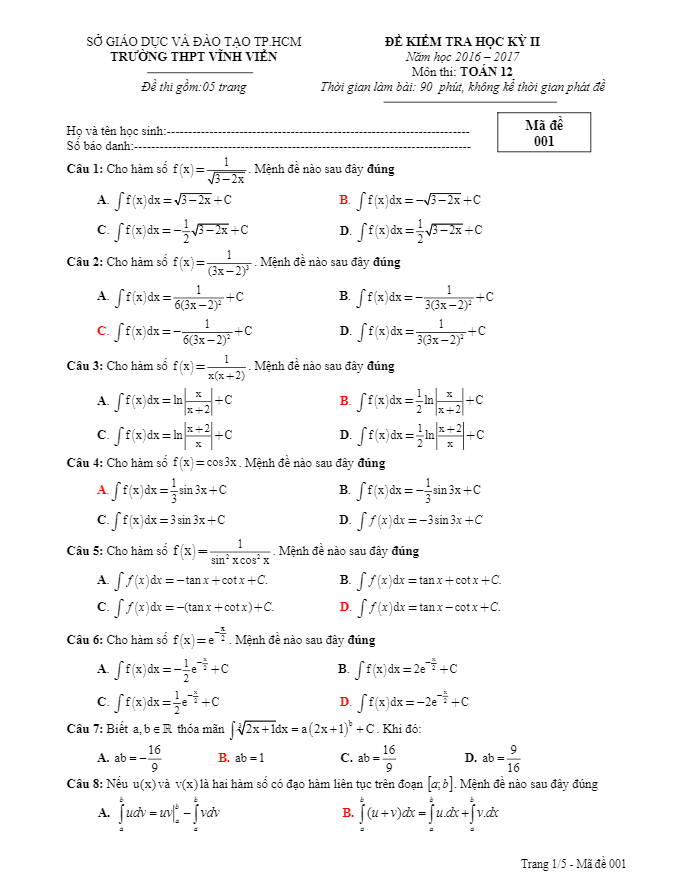 Đề thi học kì 2 (HK2) lớp 12 môn Toán năm học 2016 2017 trường THPT Vĩnh Viễn TP.HCM