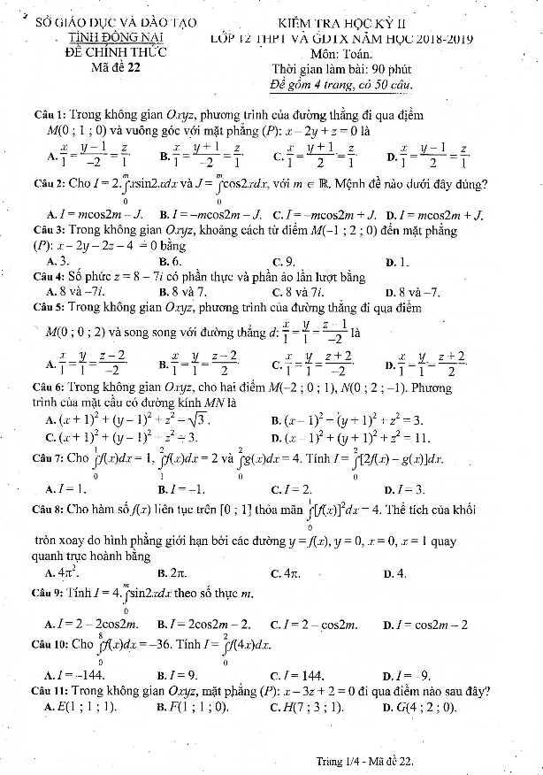 Đề thi học kì 2 (HK2) lớp 12 môn Toán năm học 2018 2019 sở GD ĐT Đồng Nai