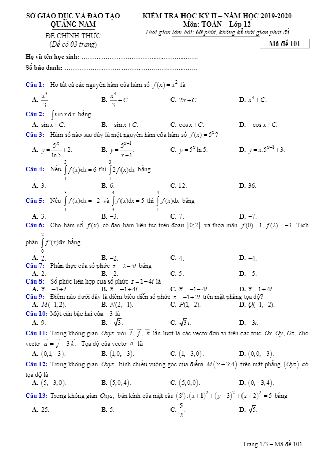 Đề thi học kì 2 (HK2) lớp 12 môn Toán năm học 2019 2020 sở GD ĐT Quảng Nam