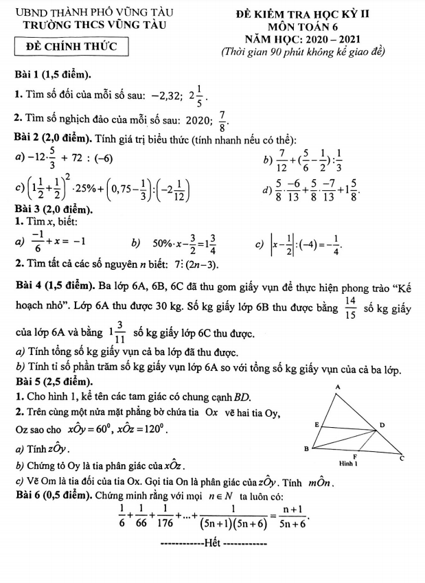 Đề thi học kì 2 (HK2) lớp 6 môn Toán năm 2020 2021 trường THCS Vũng Tàu BR VT