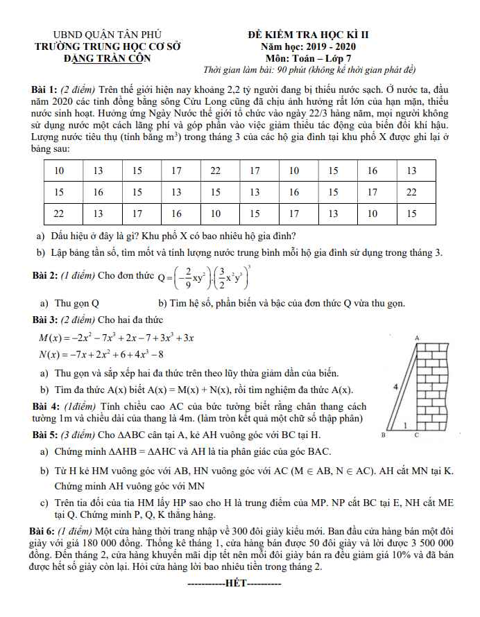 Đề thi học kì 2 (HK2) lớp 7 môn Toán năm 2019 2020 trường THCS Đặng Trần Côn TP HCM