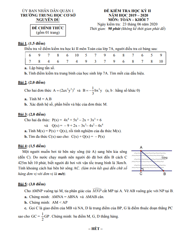 Đề thi học kì 2 (HK2) lớp 7 môn Toán năm 2019 2020 trường THCS Nguyễn Du TP HCM