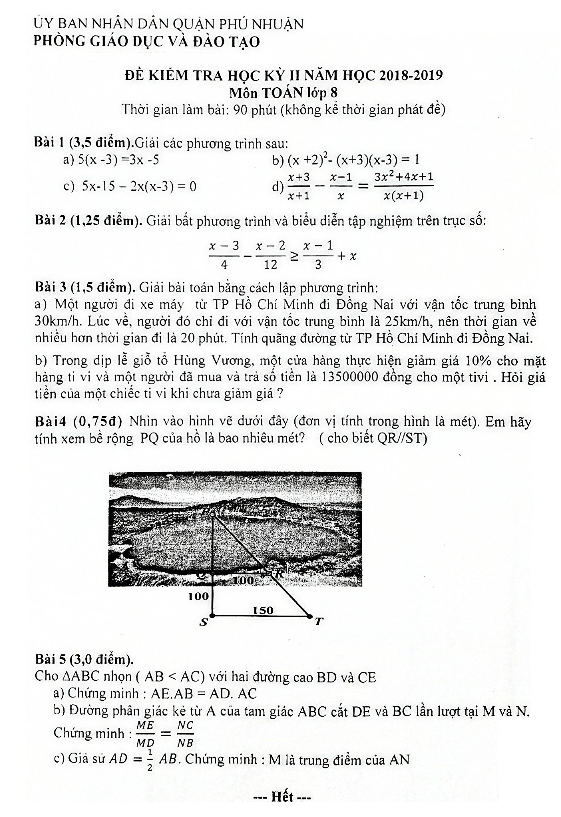 Đề thi học kì 2 (HK2) lớp 8 môn Toán năm 2018 2019 phòng GD ĐT Phú Nhuận TP HCM
