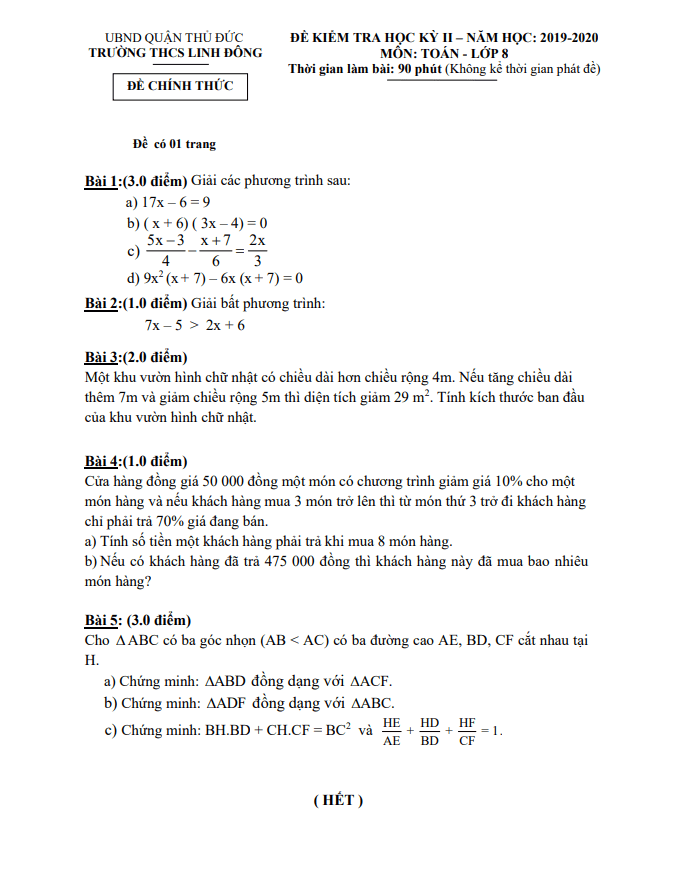 Đề thi học kì 2 (HK2) lớp 8 môn Toán năm 2019 2020 trường THCS Linh Đông TP HCM