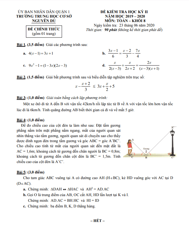 Đề thi học kì 2 (HK2) lớp 8 môn Toán năm 2019 2020 trường THCS Nguyễn Du TP HCM