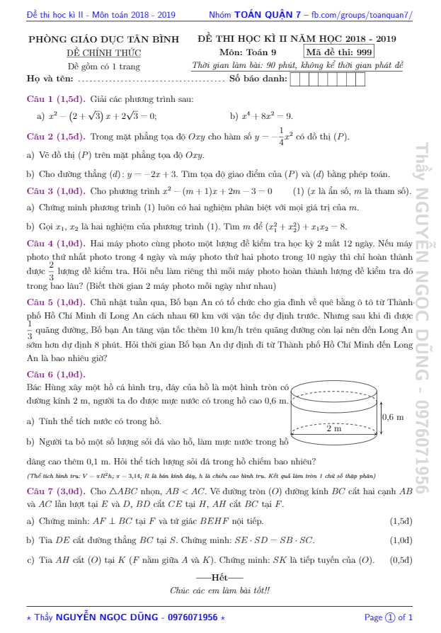 Đề thi học kì 2 (HK2) lớp 9 môn Toán năm 2018 2019 phòng GD ĐT Tân Bình TP HCM