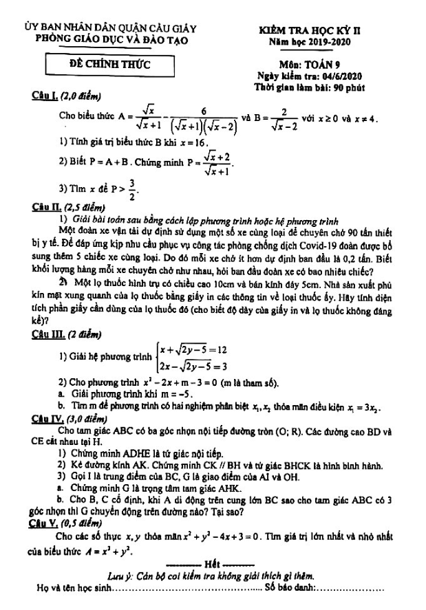 Đề thi học kì 2 (HK2) lớp 9 môn Toán năm 2019 2020 phòng GD ĐT Cầu Giấy Hà Nội
