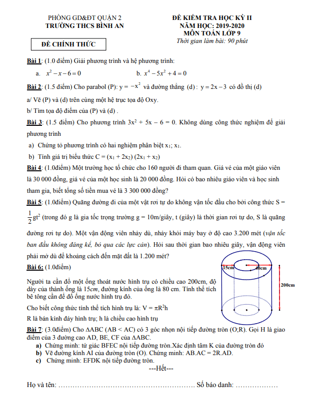 Đề thi học kì 2 (HK2) lớp 9 môn Toán năm 2019 2020 trường THCS Bình An TP HCM