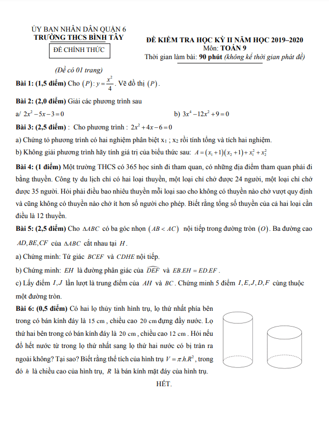 Đề thi học kì 2 (HK2) lớp 9 môn Toán năm 2019 2020 trường THCS Bình Tây TP HCM