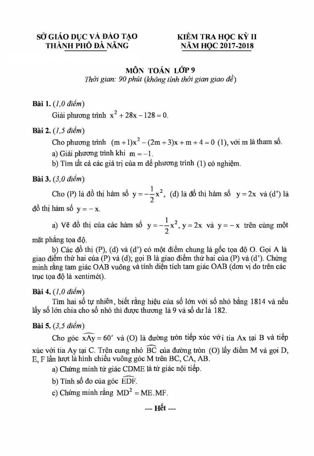 Đề thi học kì 2 (HK2) lớp 9 môn Toán năm học 2017 2018 sở GD và ĐT Đà Nẵng