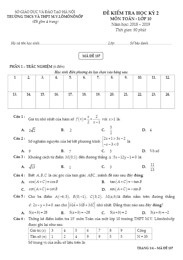 Đề thi học kì 2 (HK2) Toán 10 năm 2018 2019 trường M.V Lômônôxốp Hà Nội
