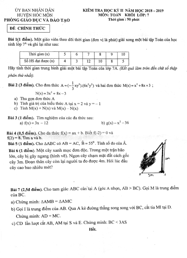 Đề thi học kì 2 (HK2) Toán 7 năm 2018 2019 phòng GD ĐT Hóc Môn TP HCM