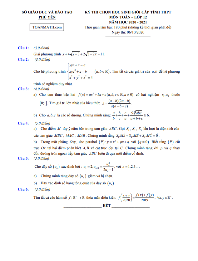 Đề thi học sinh giỏi lớp 12 môn Toán cấp tỉnh năm 2020 2021 sở GD ĐT Phú Yên
