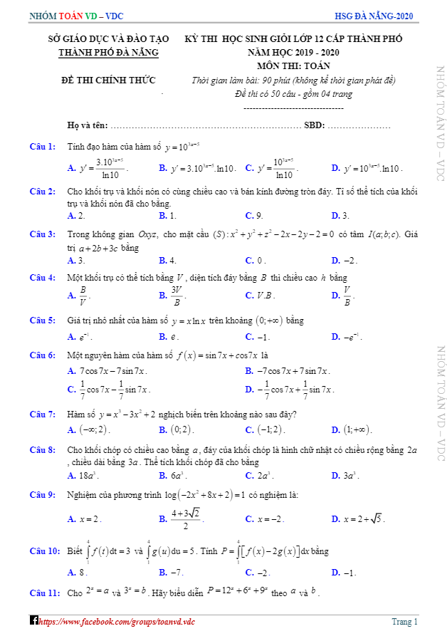 Đề thi học sinh giỏi lớp 12 môn Toán năm học 2019 2020 sở GD ĐT Đà Nẵng