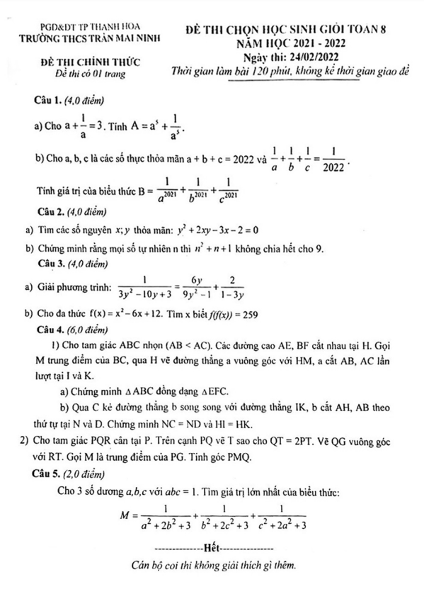 Đề thi học sinh giỏi lớp 8 môn Toán năm 2021 2022 trường THCS Trần Mai Ninh Thanh Hóa