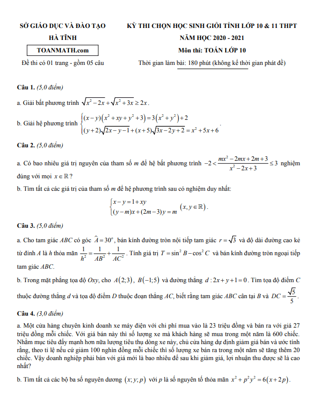 Đề thi học sinh giỏi tỉnh lớp 10 môn Toán năm 2020 2021 sở GD ĐT Hà Tĩnh