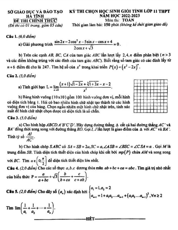 Đề thi học sinh giỏi tỉnh lớp 11 môn Toán năm 2022 2023 sở GD ĐT Hà Tĩnh