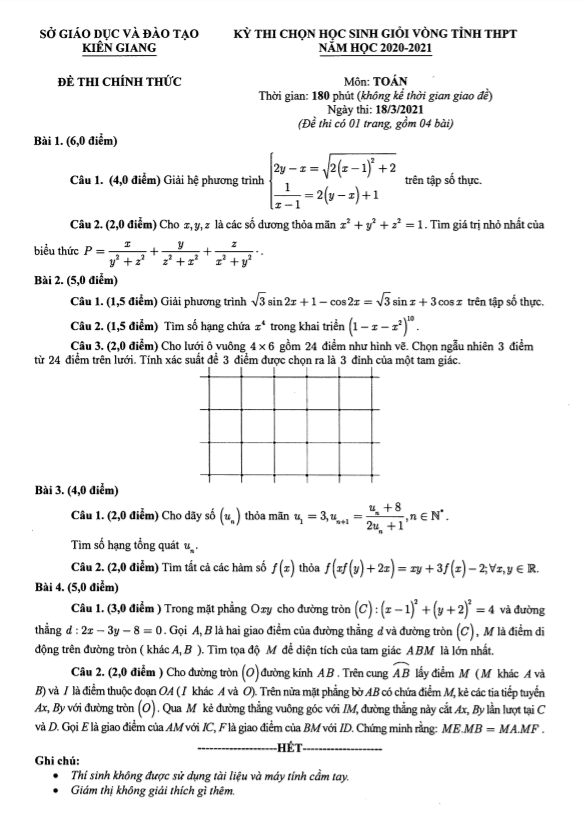 Đề thi học sinh giỏi tỉnh Toán THPT năm 2020 2021 sở GD ĐT Kiên Giang