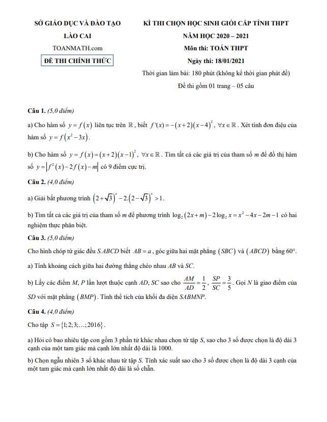Đề thi học sinh giỏi tỉnh Toán THPT năm 2020 2021 sở GD ĐT Lào Cai