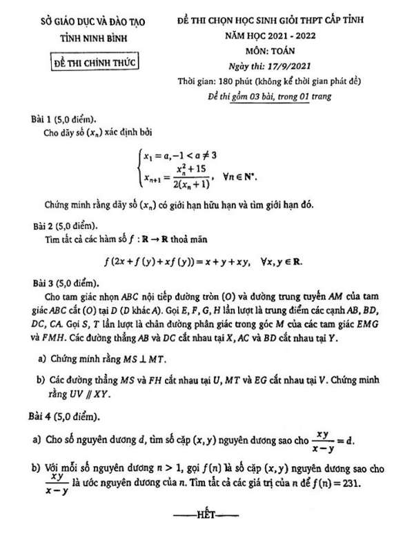 Đề thi học sinh giỏi Toán THPT cấp tỉnh năm 2021 2022 sở GD ĐT Ninh Bình
