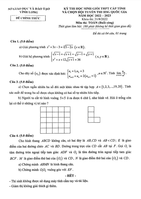 Đề thi học sinh giỏi Toán THPT cấp tỉnh năm 2022 2023 sở GD ĐT Vĩnh Long
