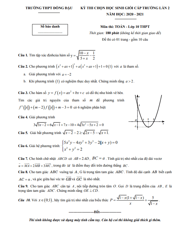 Đề thi HSG lớp 10 môn Toán lần 2 năm 2020 2021 trường THPT Đồng Đậu Vĩnh Phúc