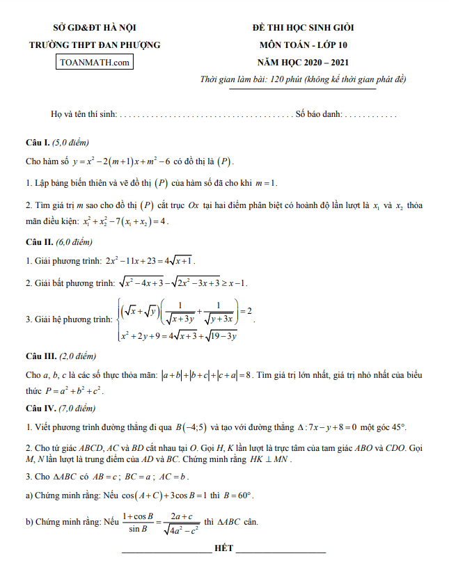 Đề thi HSG lớp 10 môn Toán năm 2020 2021 trường THPT Đan Phượng Hà Nội