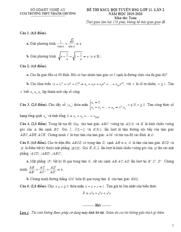 Đề thi HSG lớp 11 môn Toán lần 2 năm 2019 2020 cụm trường THPT Thanh Chương Nghệ An