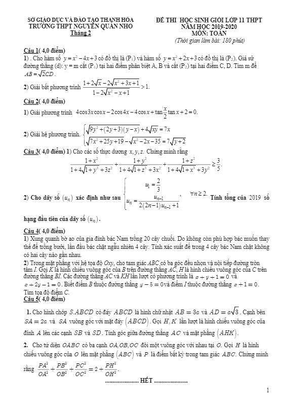 Đề thi HSG lớp 11 môn Toán năm 2019 2020 trường Nguyễn Quán Nho Thanh Hóa