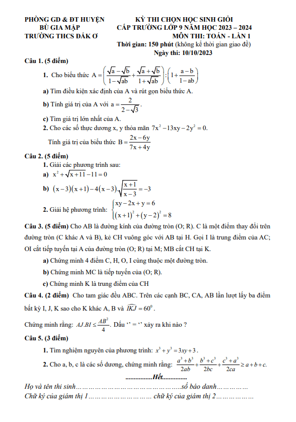 Đề thi HSG lớp 9 môn Toán lần 1 năm 2023 2024 trường THCS Đắk Ơ Bình Phước
