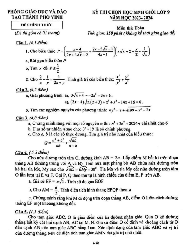 Đề thi HSG lớp 9 môn Toán năm 2023 2024 phòng GD ĐT thành phố Vinh Nghệ An