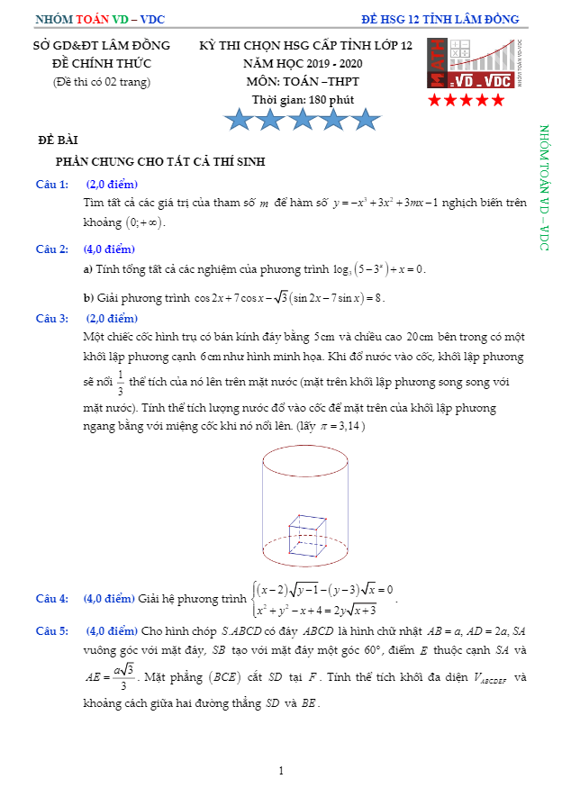 Đề thi HSG tỉnh lớp 12 môn Toán năm 2019 2020 sở GD ĐT Lâm Đồng