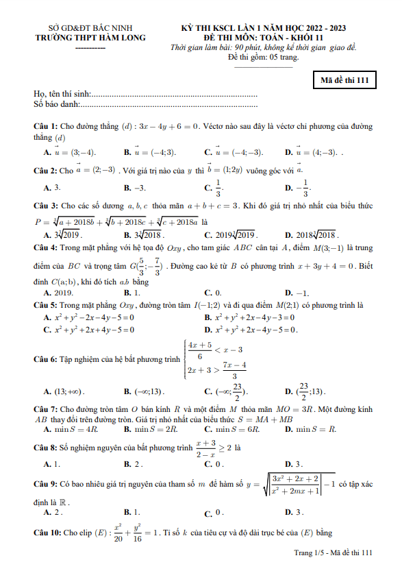 Đề thi KSCL lần 1 lớp 11 môn Toán năm 2022 2023 trường THPT Hàm Long Bắc Ninh
