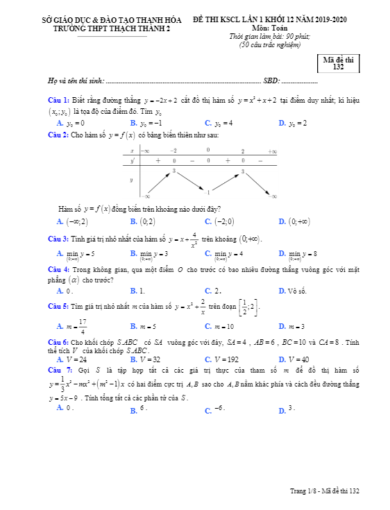 Đề thi KSCL lần 1 lớp 12 môn Toán năm 2019 2020 trường Thạch Thành 2 Thanh Hóa